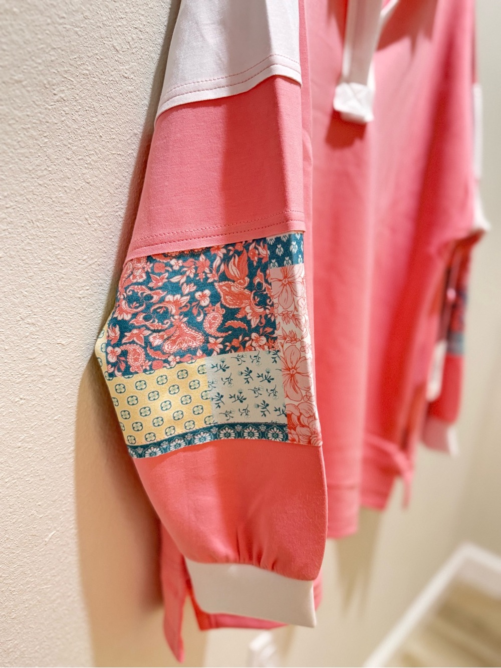Simply Southern Pink Pullover with White Collar and Patterned Sleeve Panels - Picture 4 of 4